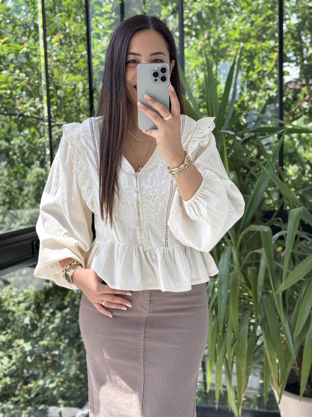 Keten Fırfırlı Bluz Bej