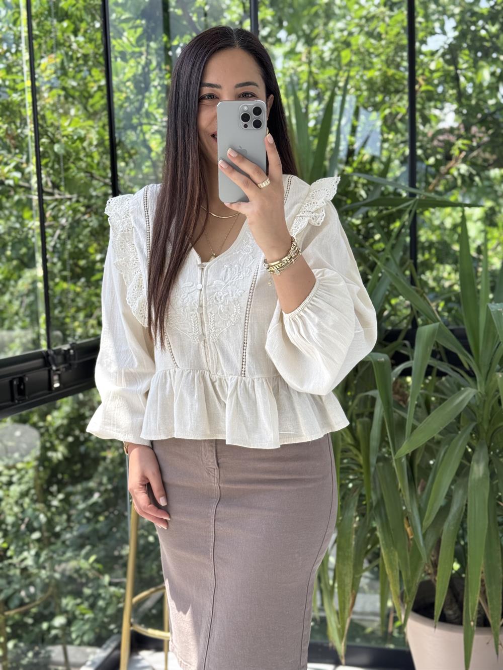 Keten Fırfırlı Bluz Bej