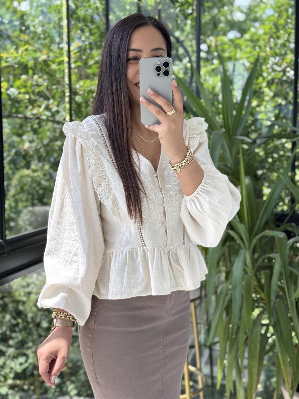 Keten Fırfırlı Bluz Bej