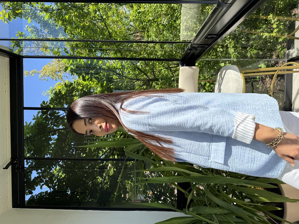 Keten İç Astarı Çizgili Blazer Ceket Bebe Mavi