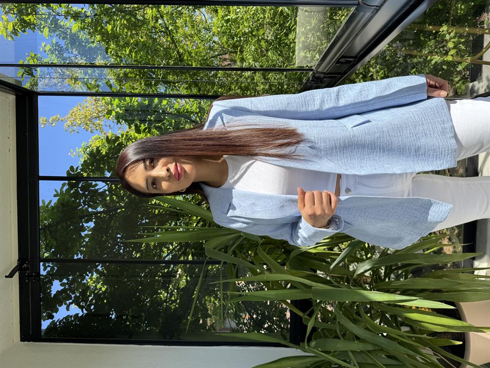 Keten İç Astarı Çizgili Blazer Ceket Bebe Mavi