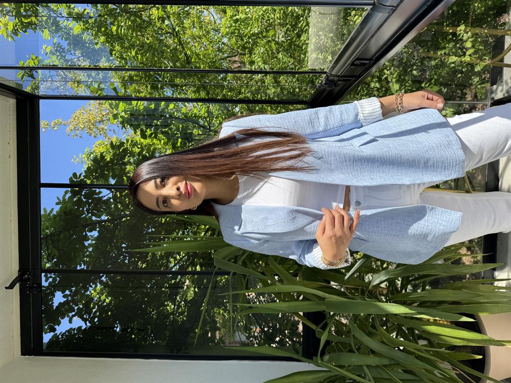 Keten İç Astarı Çizgili Blazer Ceket Bebe Mavi