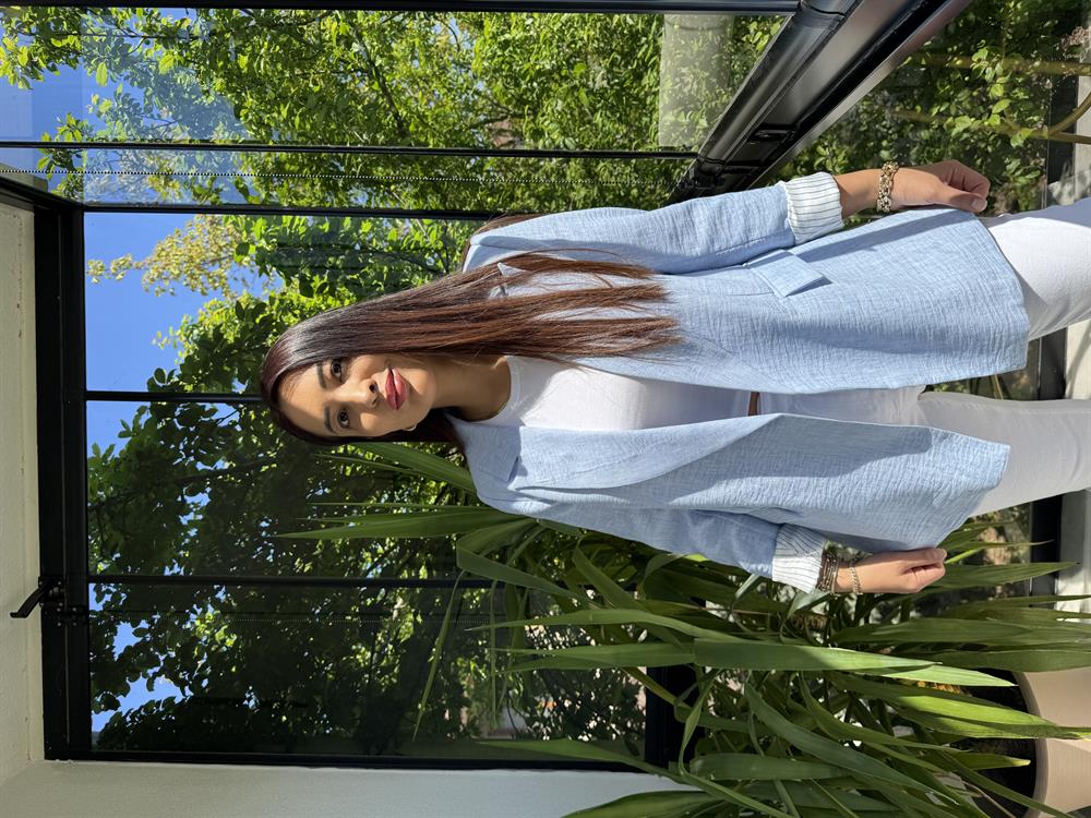 Keten İç Astarı Çizgili Blazer Ceket Bebe Mavi