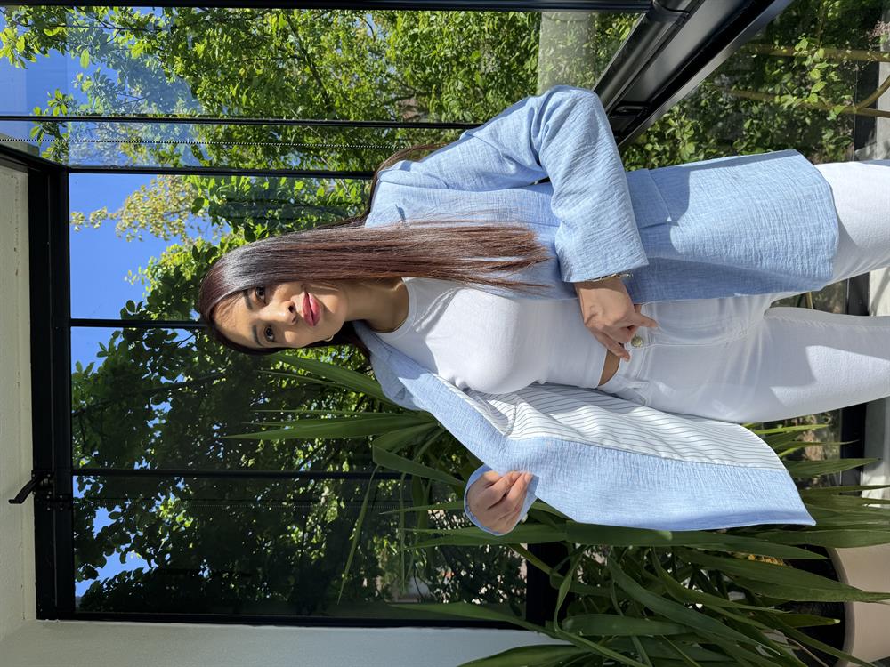 Keten İç Astarı Çizgili Blazer Ceket Bebe Mavi