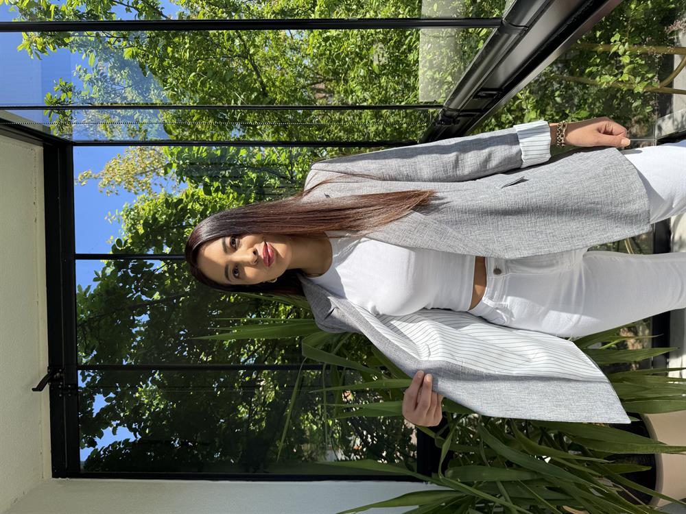 Keten İç Astarı Çizgili Blazer Ceket Gri