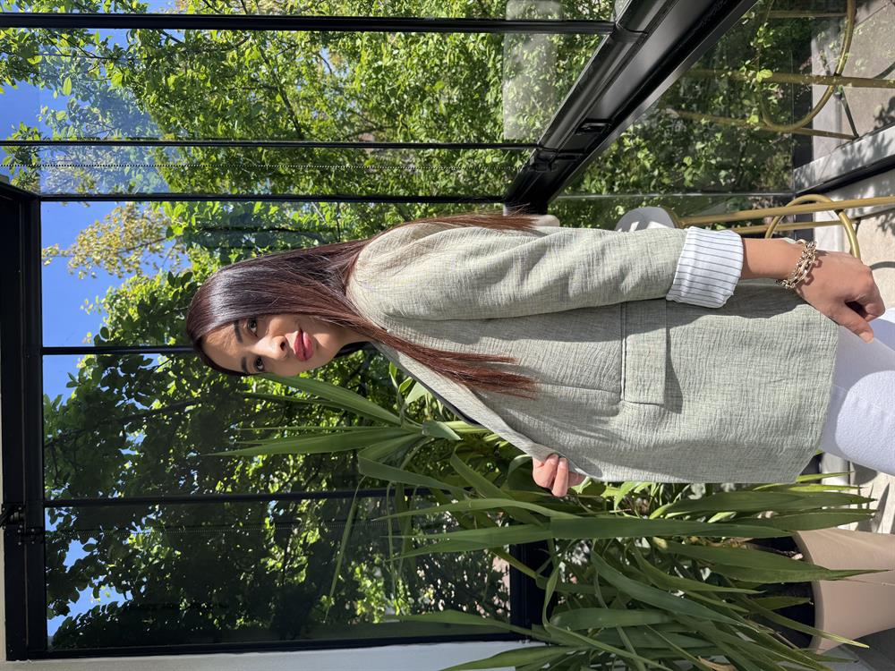 Keten İç Astarı Çizgili Blazer Ceket Haki Yeşili