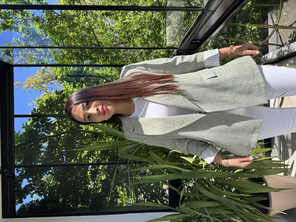 Keten İç Astarı Çizgili Blazer Ceket Haki Yeşili