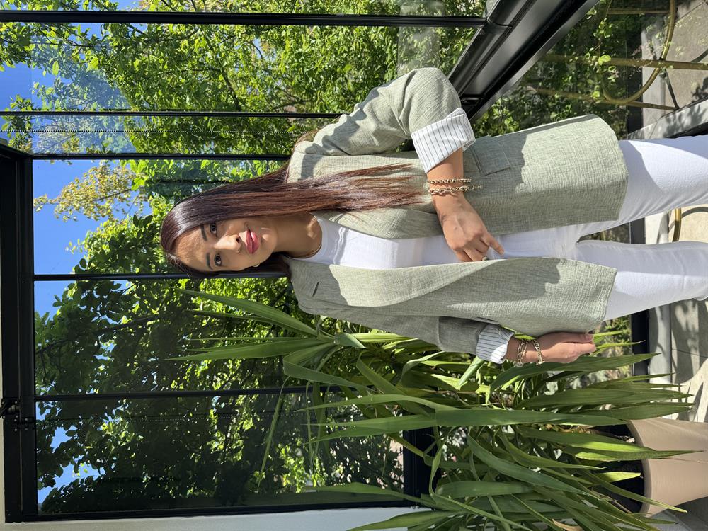 Keten İç Astarı Çizgili Blazer Ceket Haki Yeşili