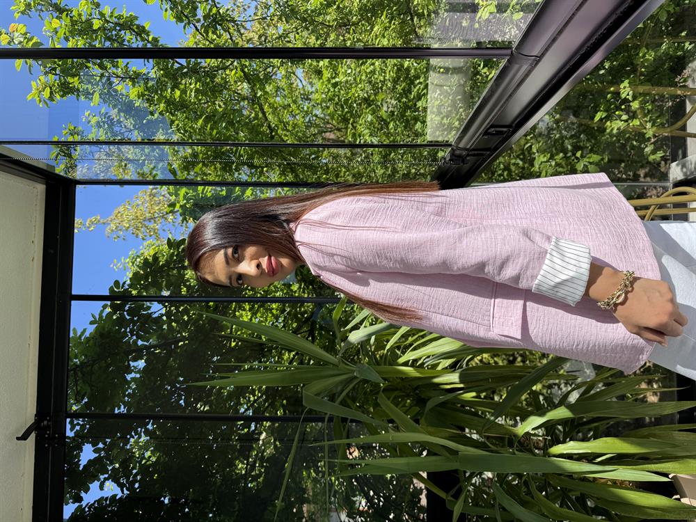 Keten İç Astarı Çizgili Blazer Ceket Pembe