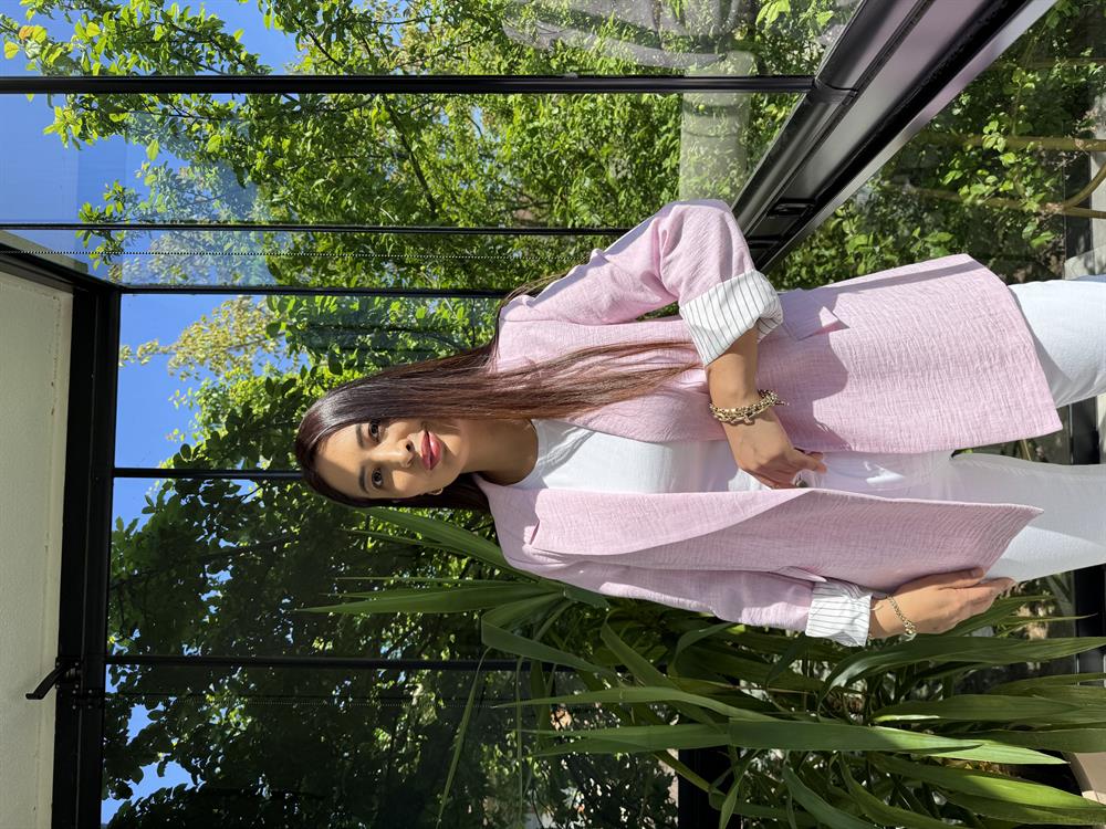 Keten İç Astarı Çizgili Blazer Ceket Pembe