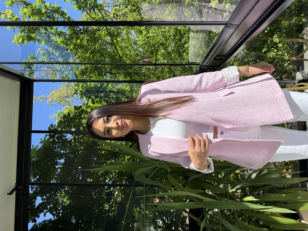 Keten İç Astarı Çizgili Blazer Ceket Pembe
