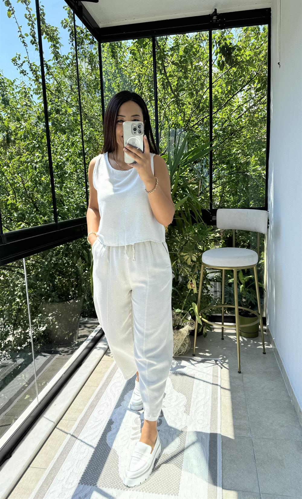 Keten Şalvar Pantolon Taş