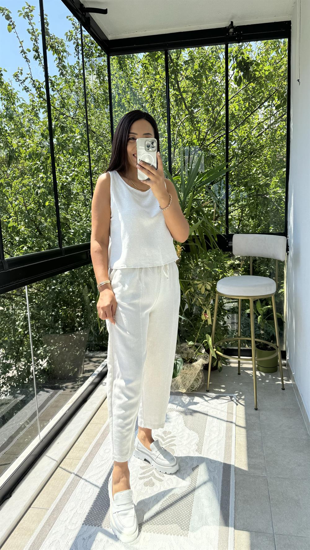 Keten Şalvar Pantolon Taş