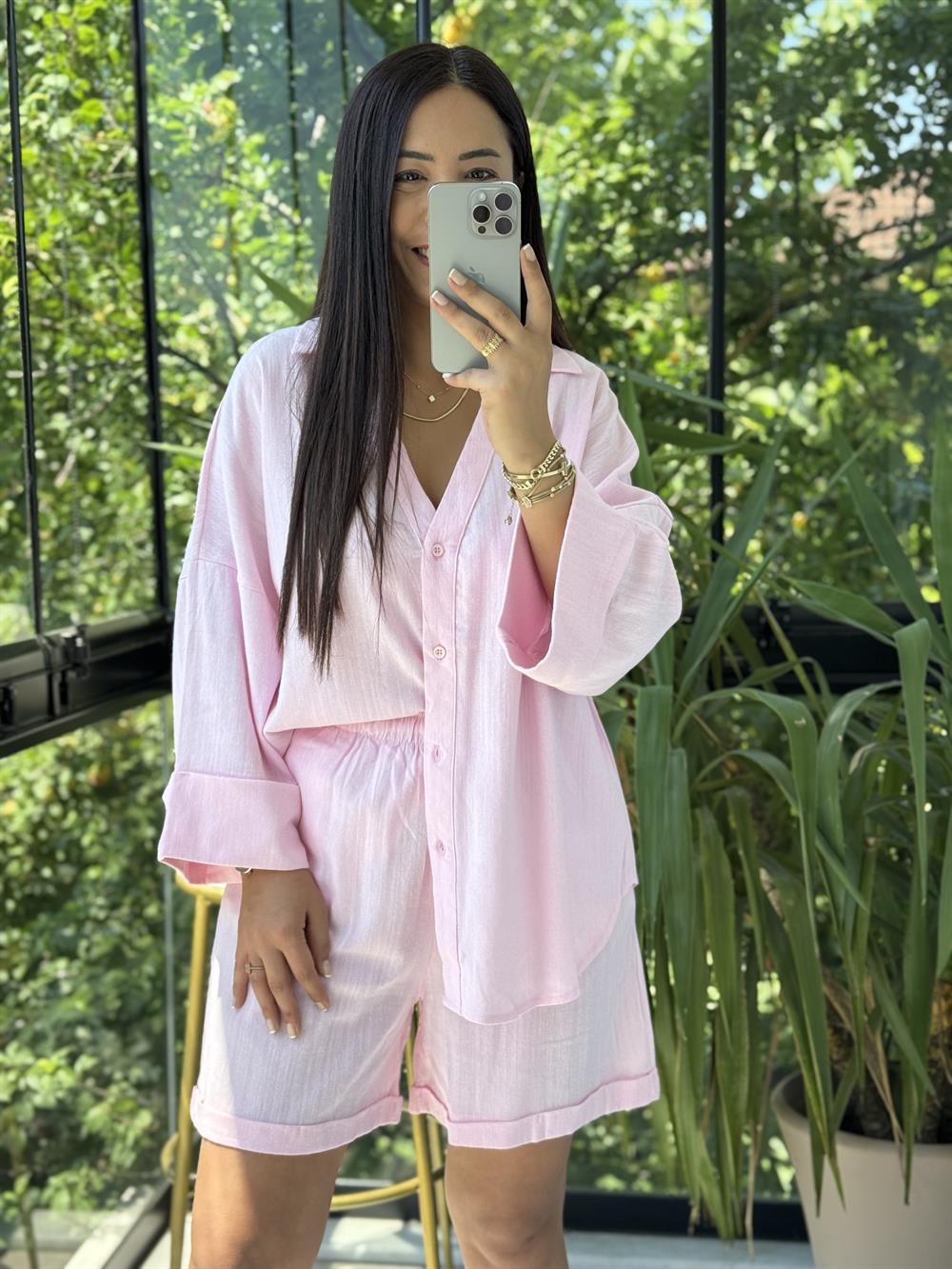 Keten Şortlu Takım Pembe