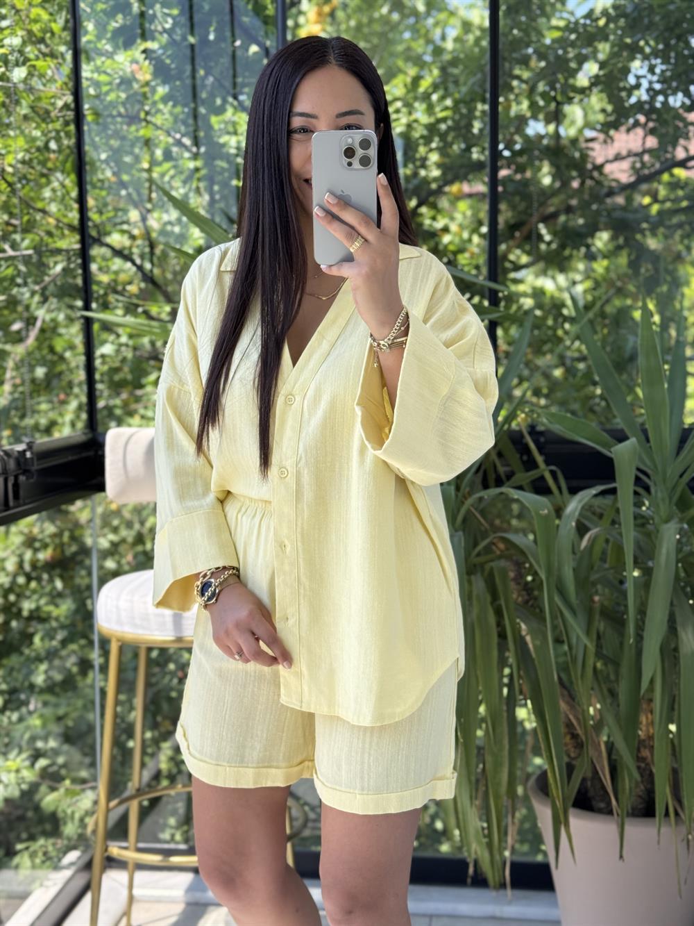 Keten Şortlu Takım Sarı