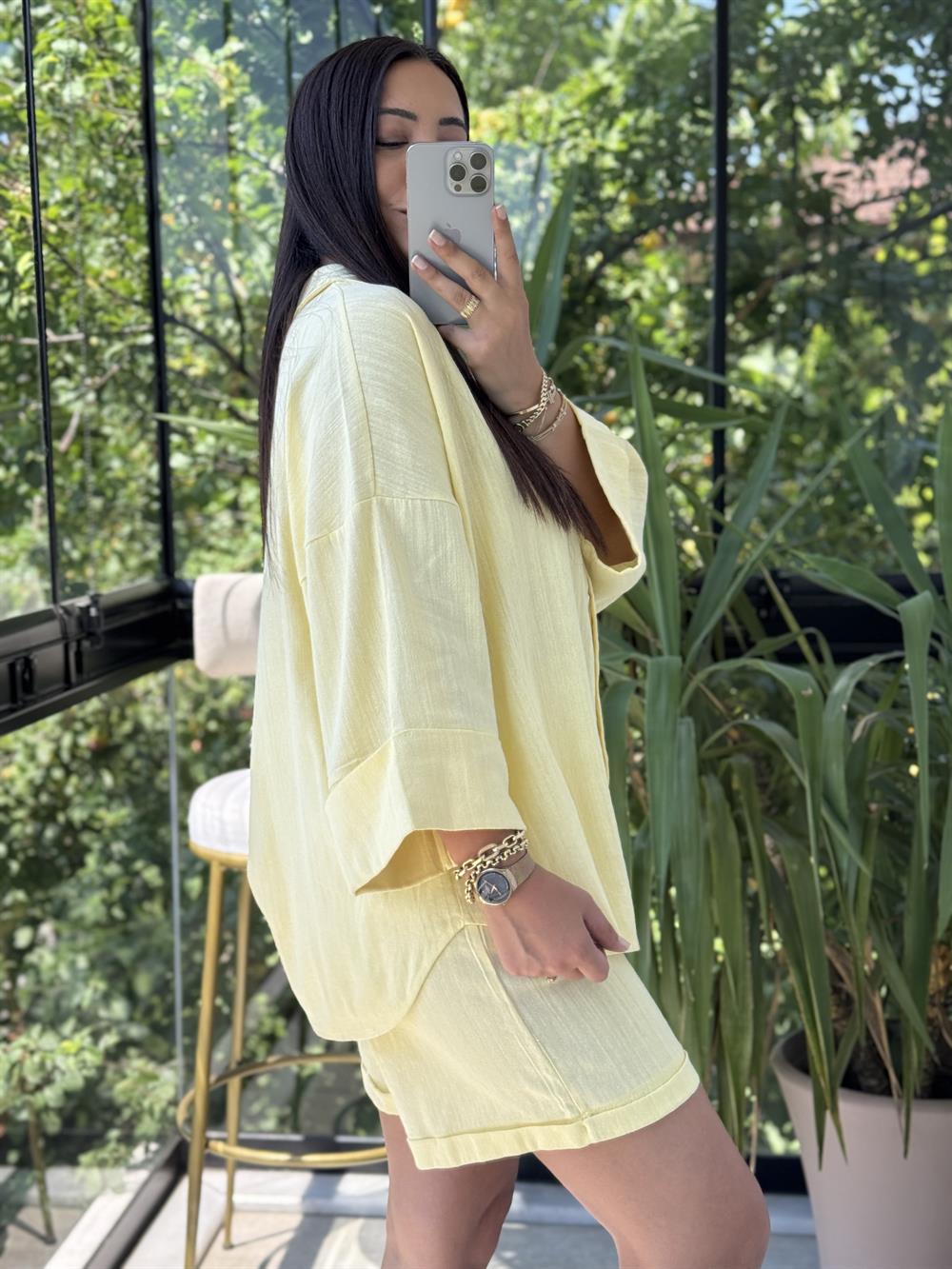 Keten Şortlu Takım Sarı