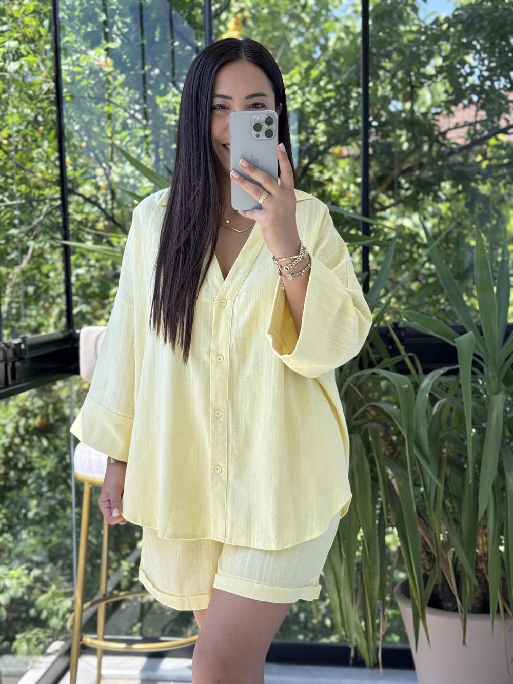 Keten Şortlu Takım Sarı