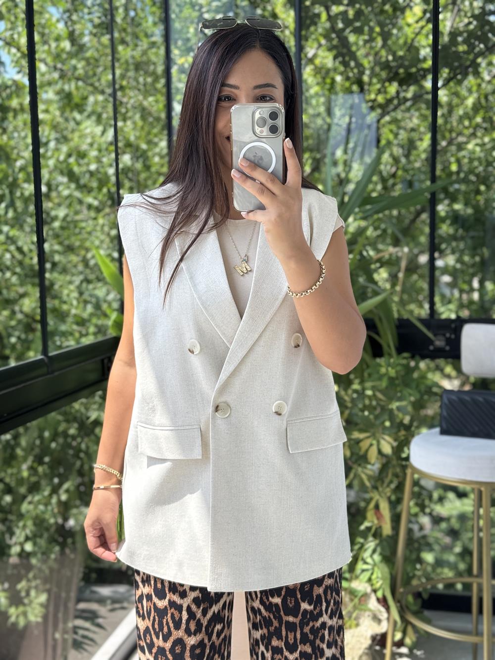 Keten Uzun Yelek Taş