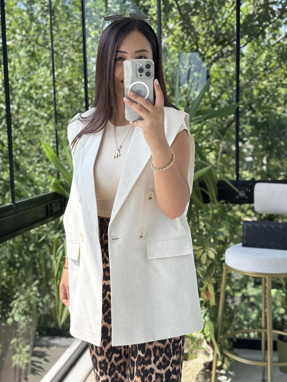 Keten Uzun Yelek Taş