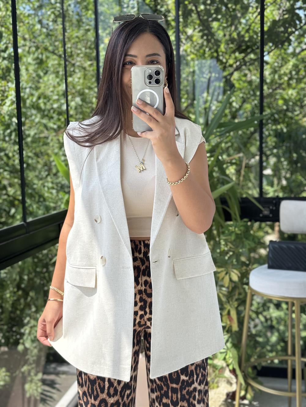 Keten Uzun Yelek Taş