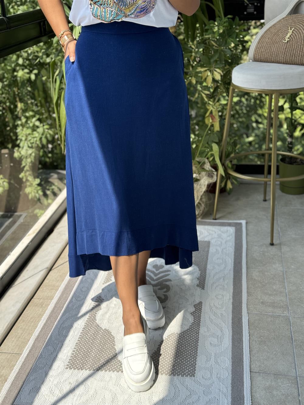 Keten Volanlı Etek Lacivert