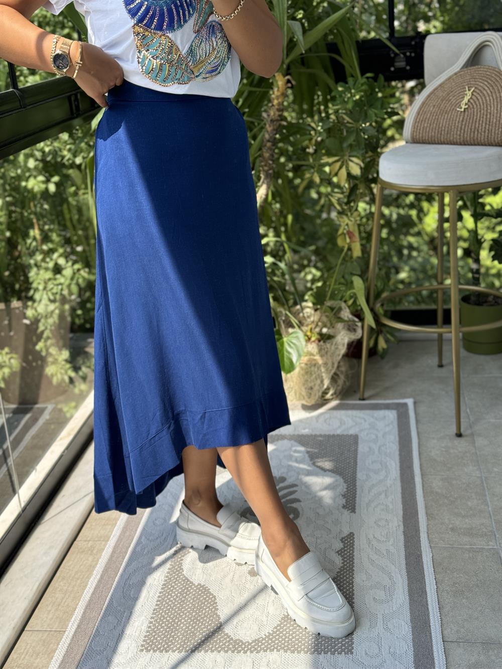 Keten Volanlı Etek Lacivert