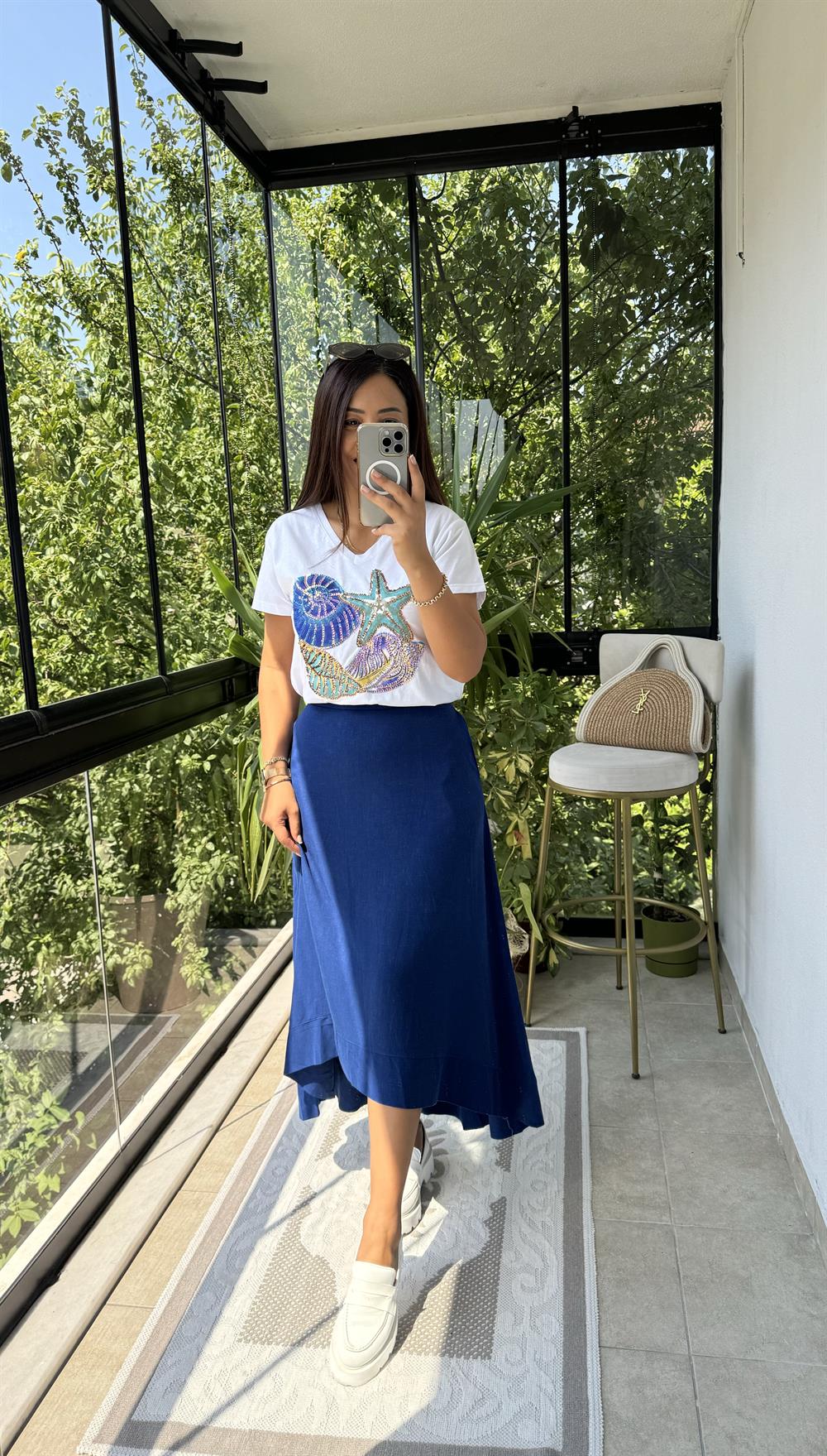 Keten Volanlı Etek Lacivert