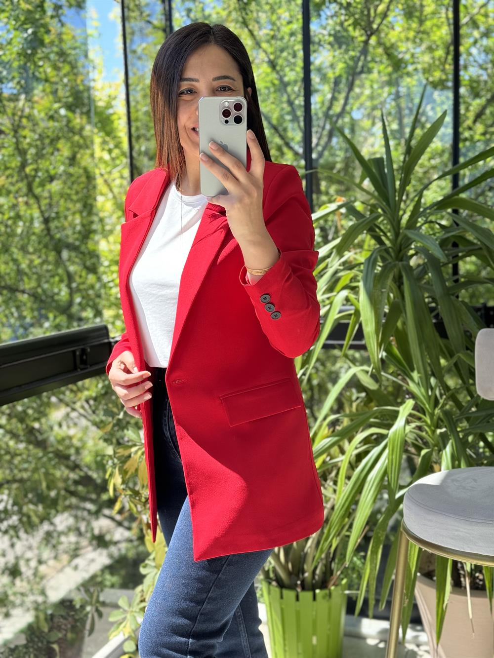 Kırmızı Tek Düğme Blazer Ceket