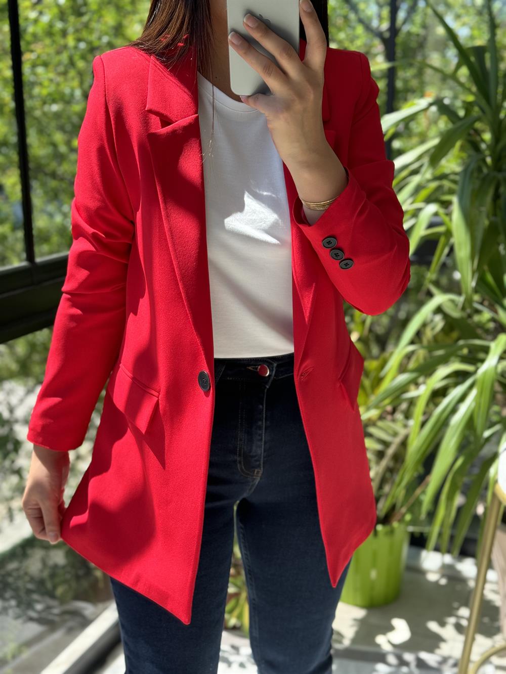 Kırmızı Tek Düğme Blazer Ceket