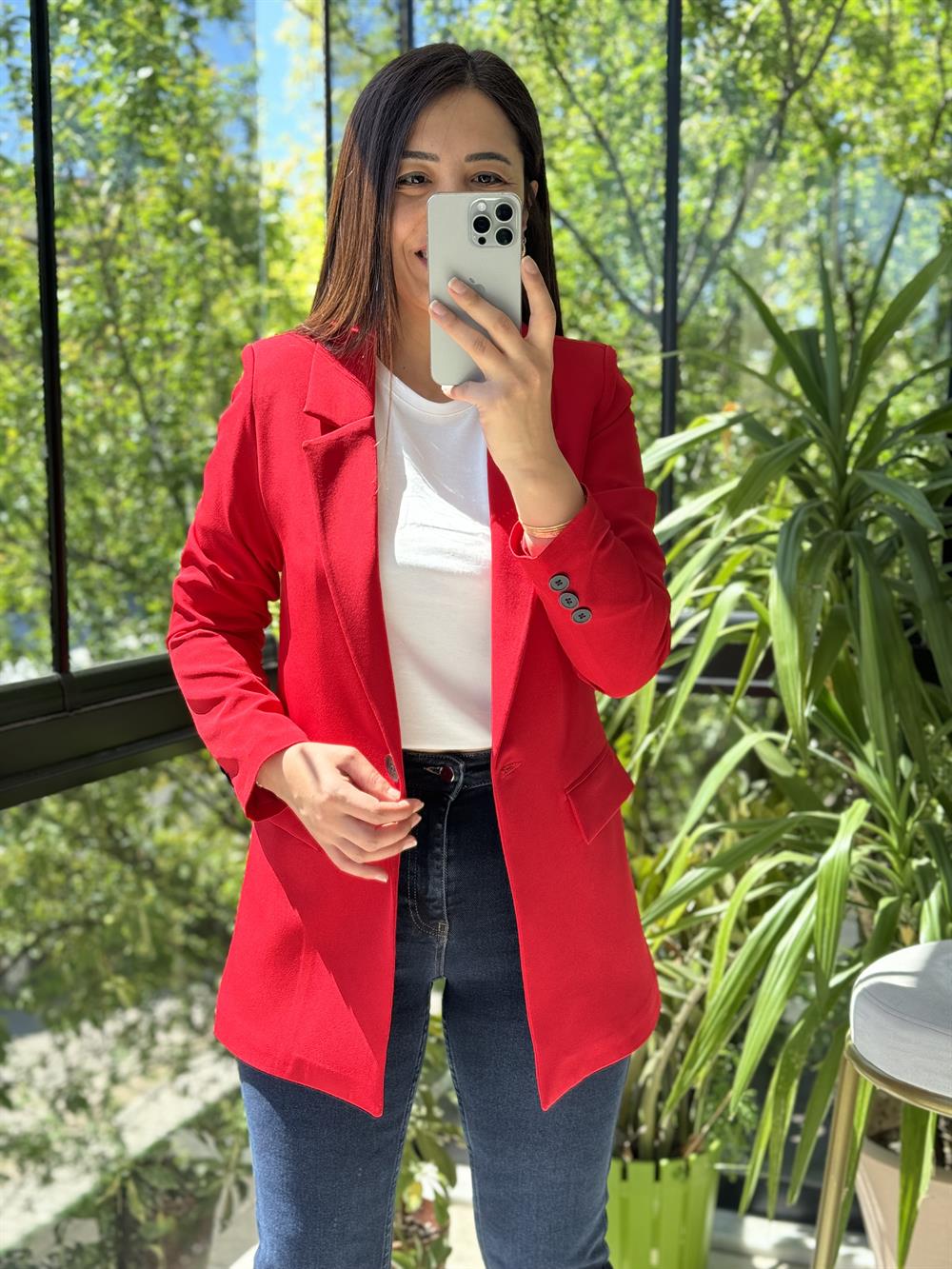 Kırmızı Tek Düğme Blazer Ceket