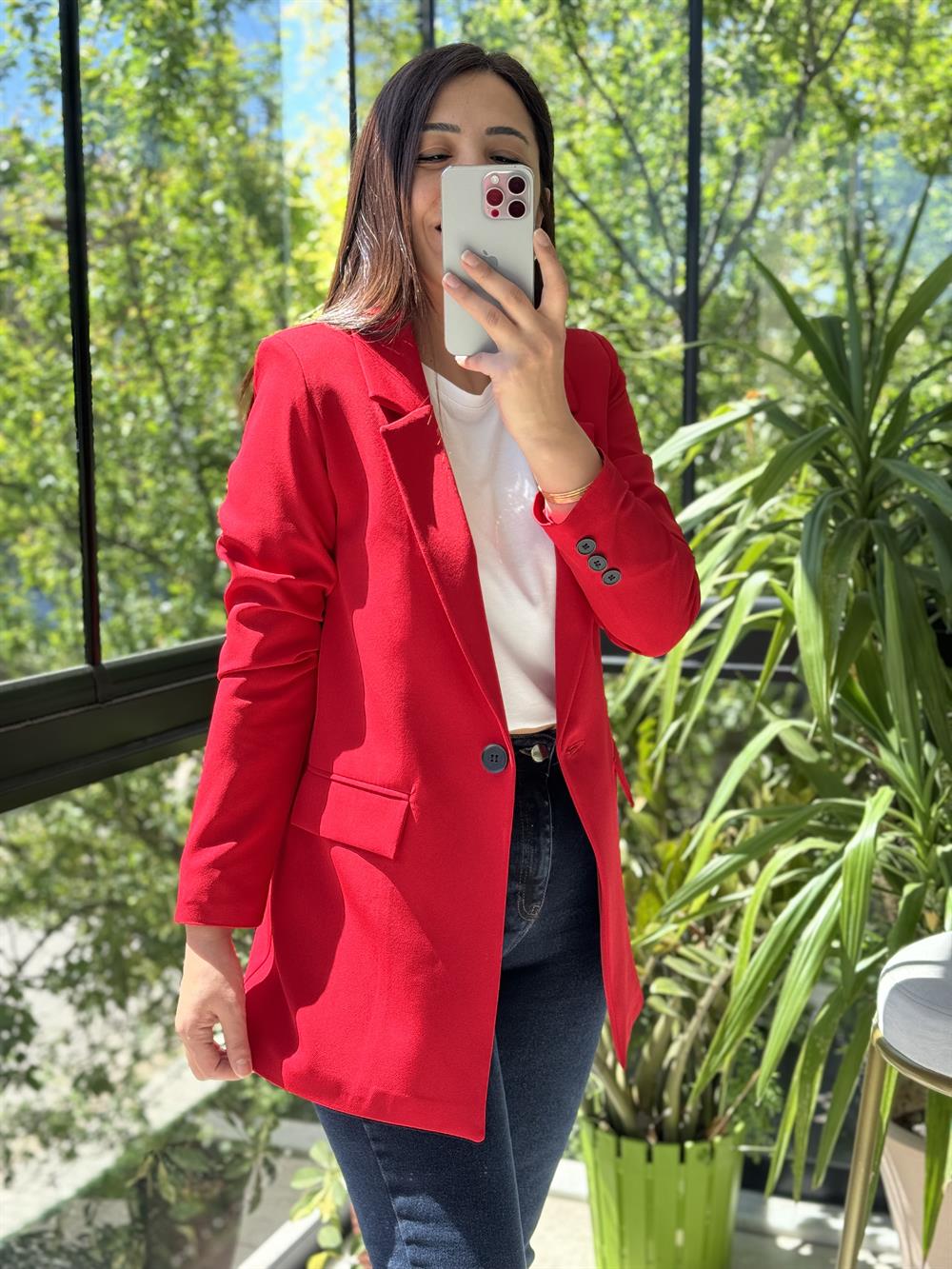 Kırmızı Tek Düğme Blazer Ceket