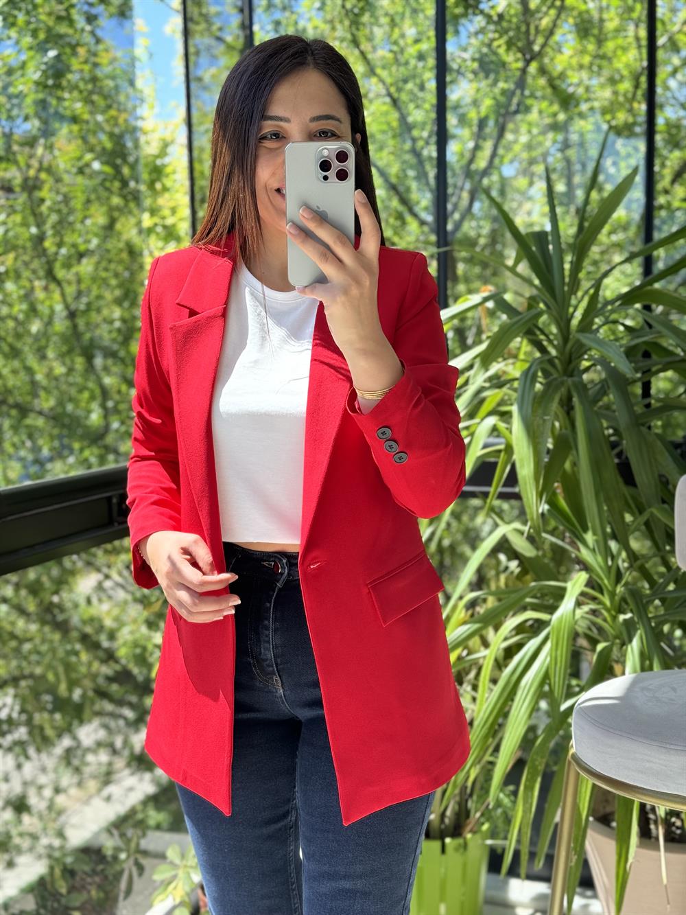 Kırmızı Tek Düğme Blazer Ceket