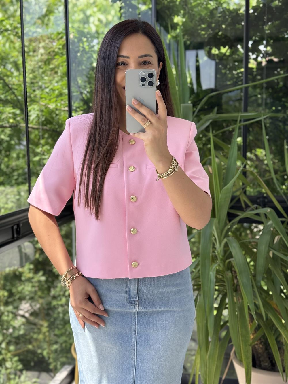 Kısa Kol Blazer Ceket Pembe