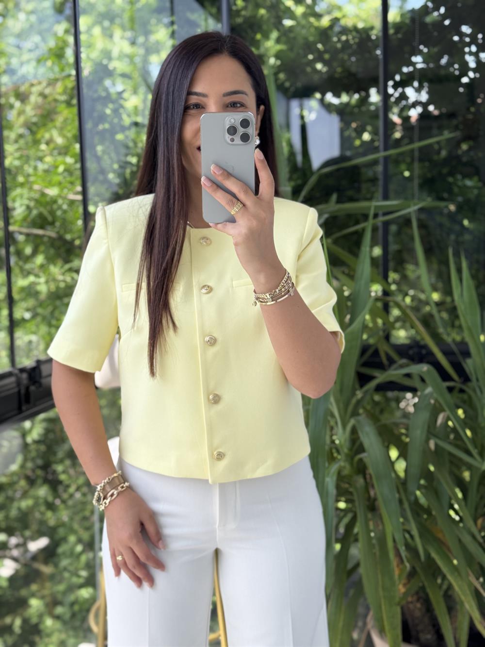 Kısa Kol Blazer Ceket Sarı