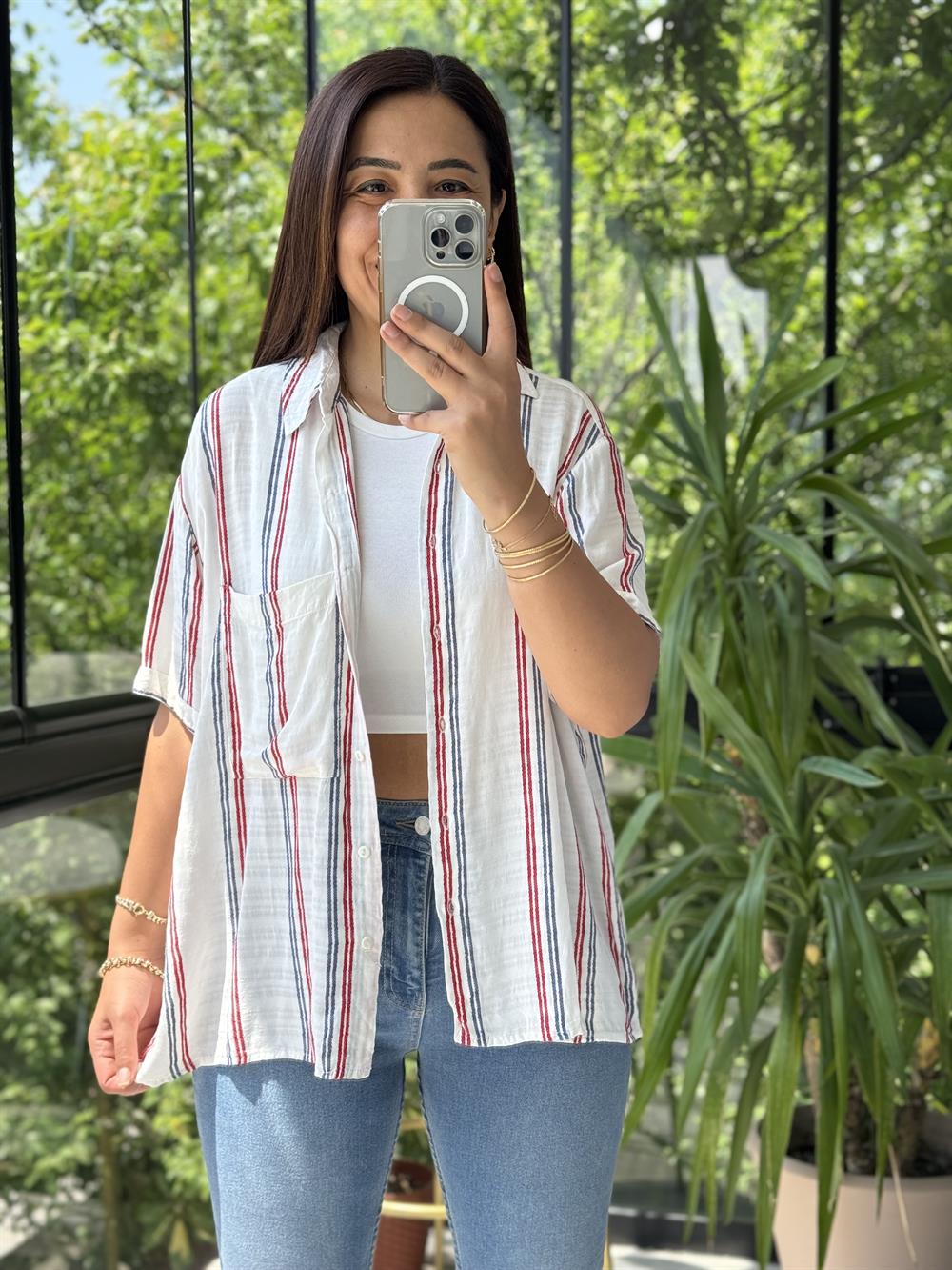 Kısa Kol Çizgili Gömlek Kırmızı