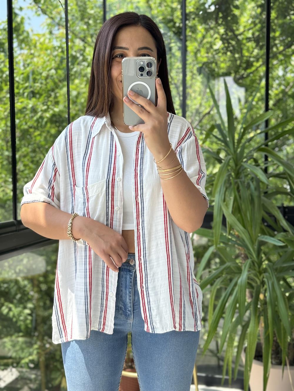Kısa Kol Çizgili Gömlek Kırmızı