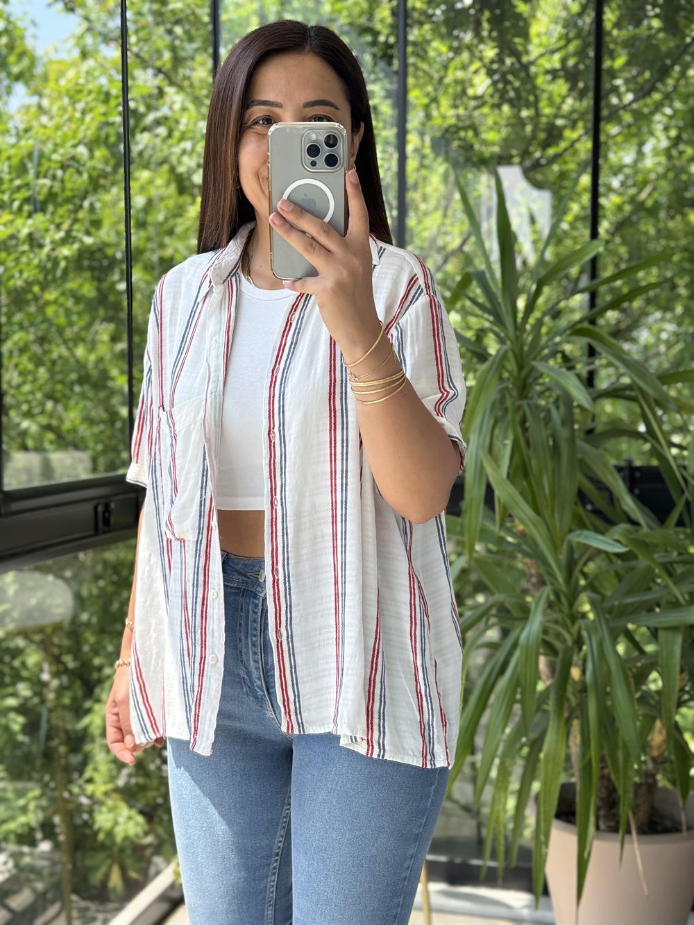 Kısa Kol Çizgili Gömlek Kırmızı