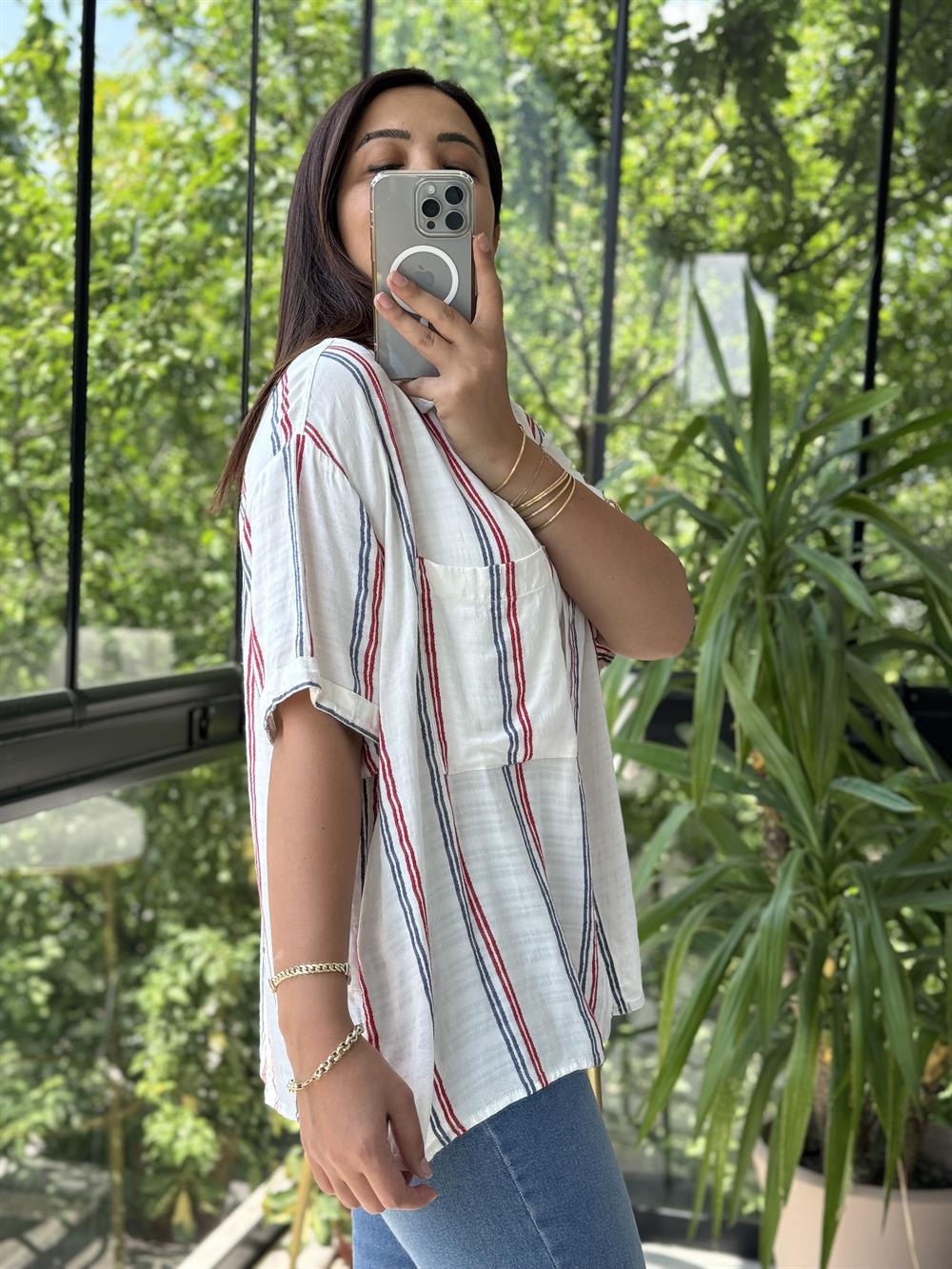 Kısa Kol Çizgili Gömlek Kırmızı