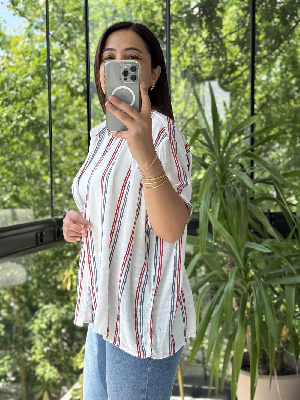 Kısa Kol Çizgili Gömlek Kırmızı