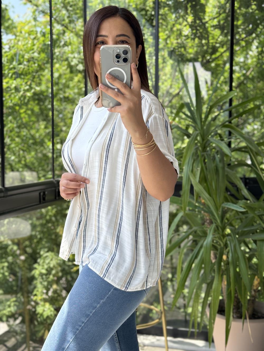 Kısa Kol Çizgili Gömlek Mavi