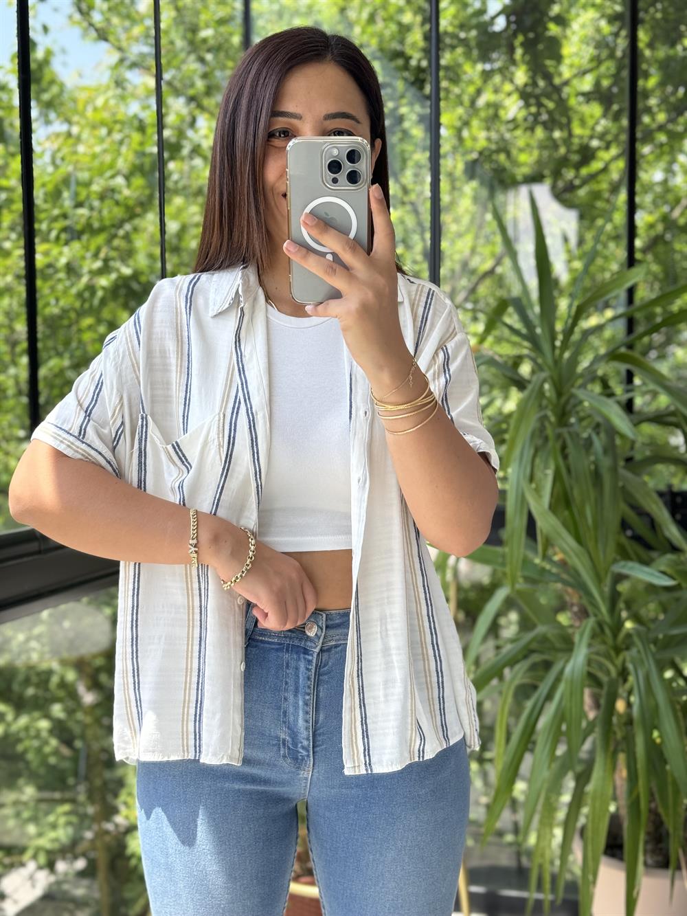 Kısa Kol Çizgili Gömlek Mavi