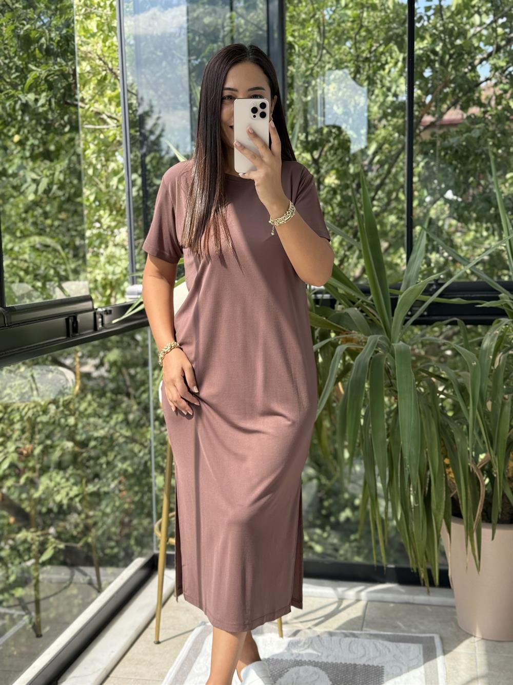 Kısa Kol Oysh Elbise Kahve