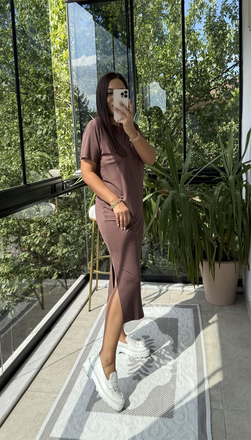 Kısa Kol Oysh Elbise Kahve