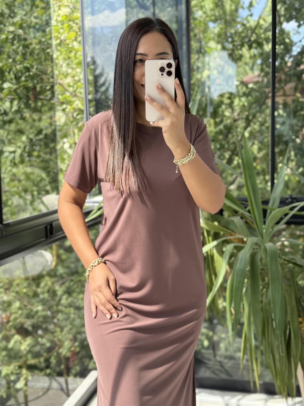 Kısa Kol Oysh Elbise Kahve