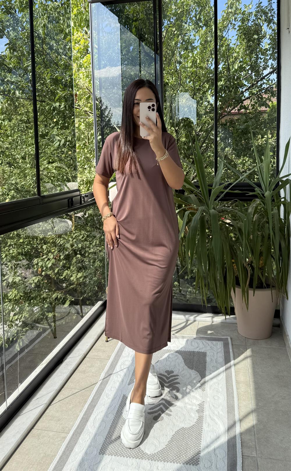 Kısa Kol Oysh Elbise Kahve