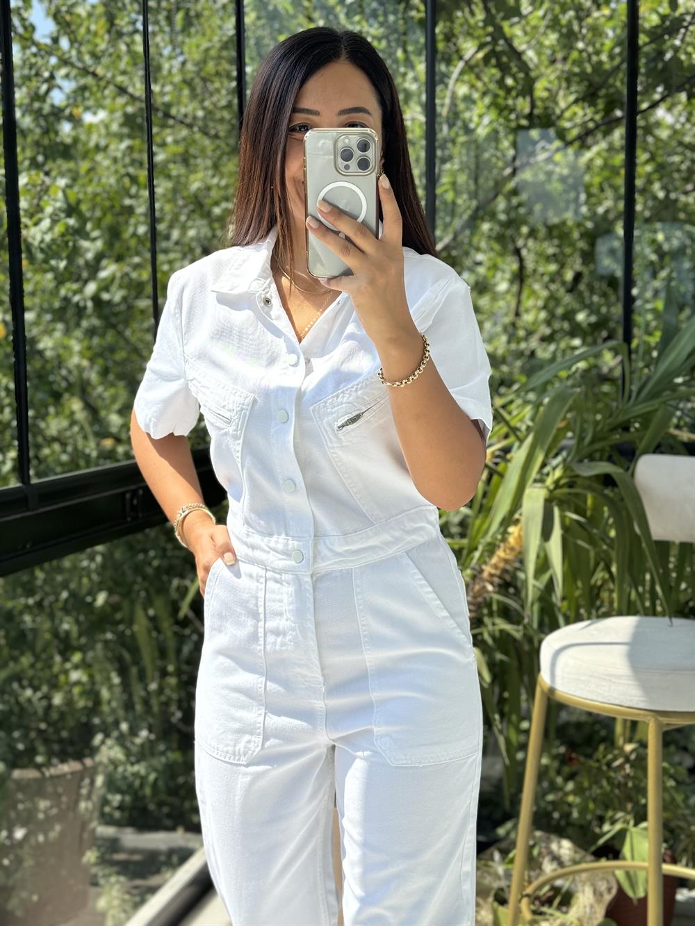 Kısa Kol Tensel Tulum Beyaz