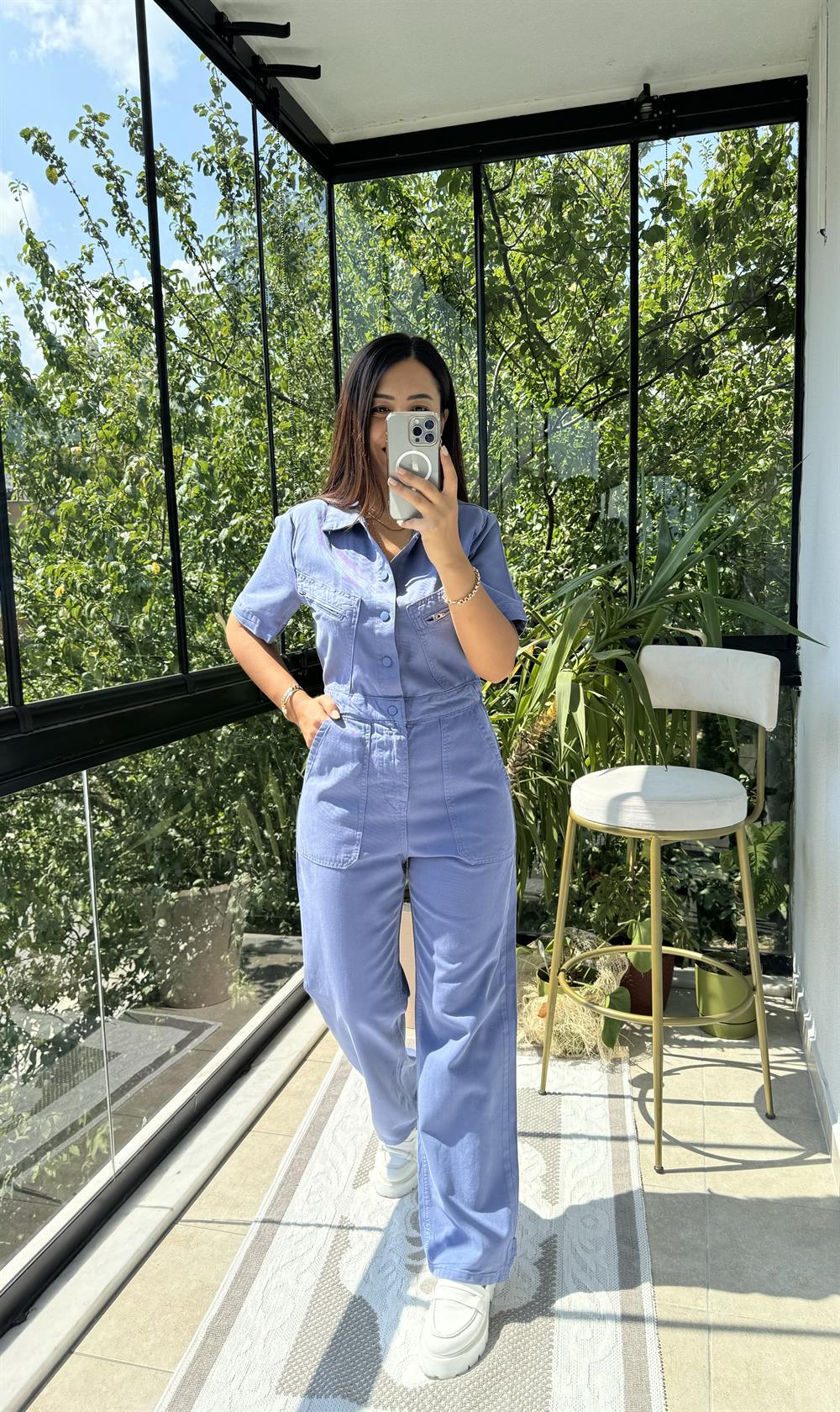 Kısa Kol Tensel Tulum Mavi