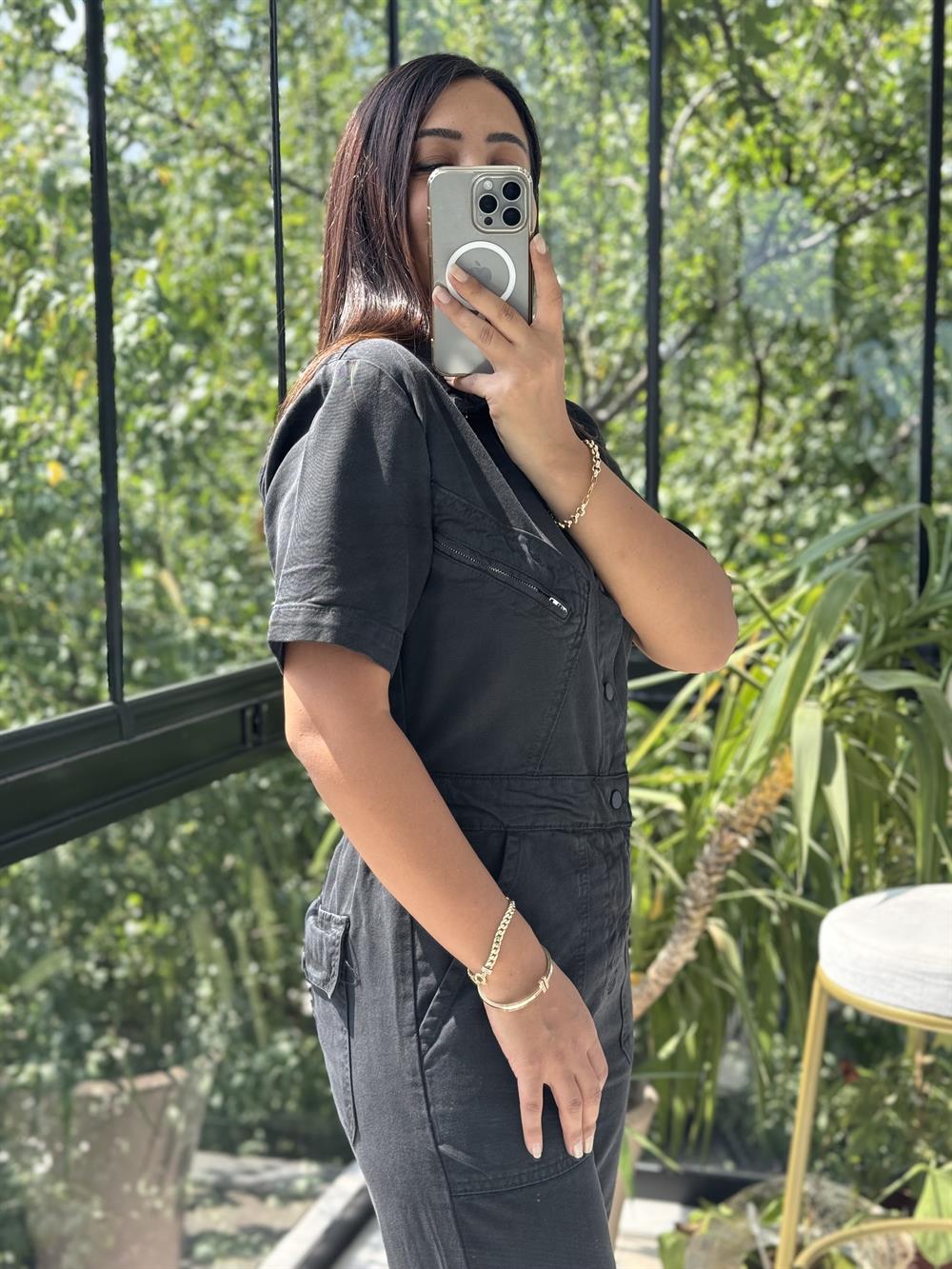 Kısa Kol Tensel Tulum Siyah