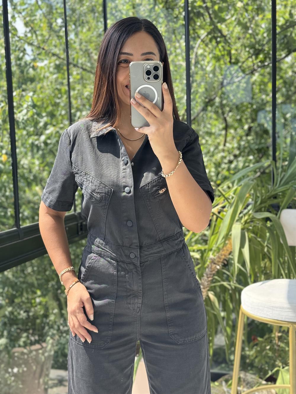 Kısa Kol Tensel Tulum Siyah