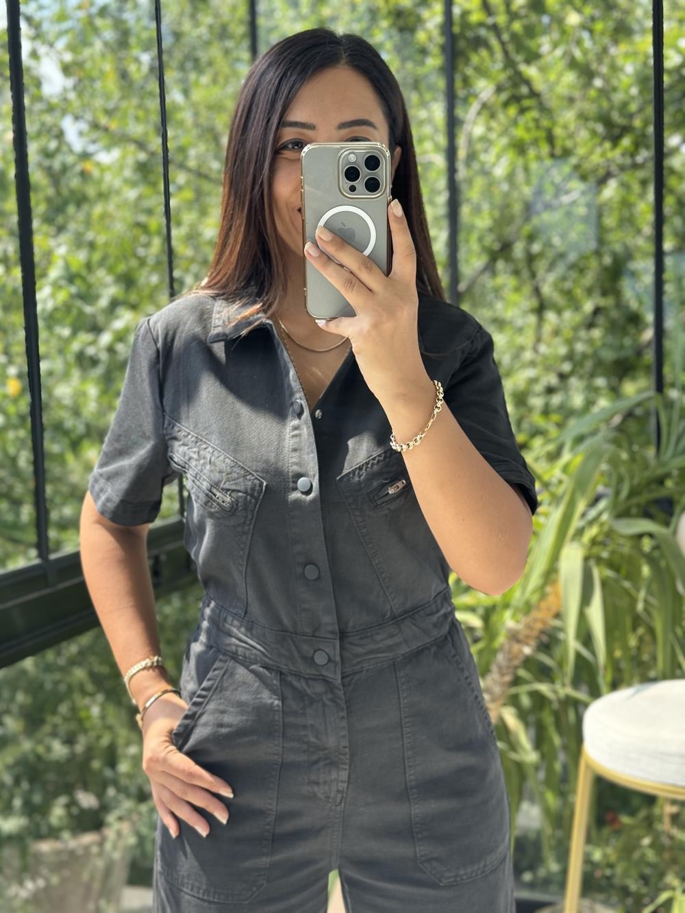 Kısa Kol Tensel Tulum Siyah